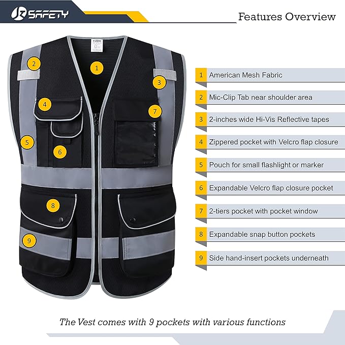 JKSafety 9 Pockets High Visibility Safety Vest for Men and Women, Hi-Vis Reflective Black Safety Vests with Zipper Front, Meet ANSI/ISEA Standards(159-Black XXL)