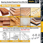 6pcs Classical Cove Router Bit Set,1/4" Shank Cove & Fillet Bits,Carbide Tipped Cutters for Wood Standard Cove Profiling,Molding,Edging
