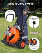 VEVOR Drain Cleaning Machine 100FT x 3/8 Inch, Sewer Snake Machine Auto Feed, Drain Auger Cleaner with 4 Cutter & Air-Activated Foot Switch for 2" to 4" Pipes, Orange, Black