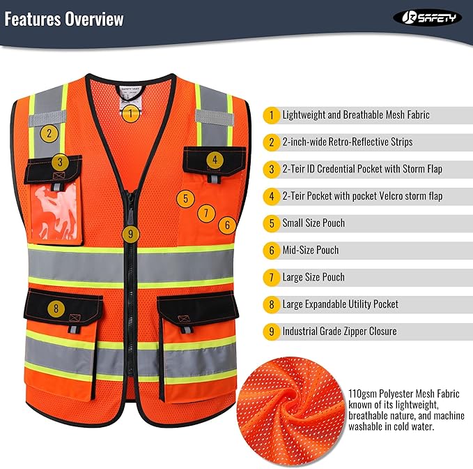 JKSafety Hi Vis Reflective Safety Vests for Men Women High Visibility Vest with Pockets Mesh Fabric Construction Safety Apparel Neon Vest for Work (220-Orange XXL)