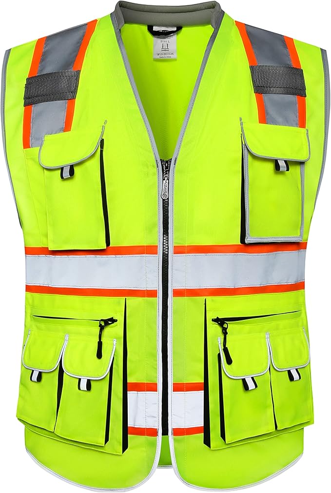 JKSafety 10 Pockets Class 2 Hi-Vis Zipper Front Safety Vest | Cushioned Collar | High Reflective Tapes with Extended Neon Orange Strips | Meets ANSI/ISEA Standards (3X-Large, 89-Yellow)