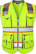 JKSafety 10 Pockets Class 2 Hi-Vis Zipper Front Yellow Safety Vest | Cushioned Collar | High Reflective Tapes with Extended Neon Orange Strips | Meets ANSI/ISEA Standards (X-Large, 89-Yellow)