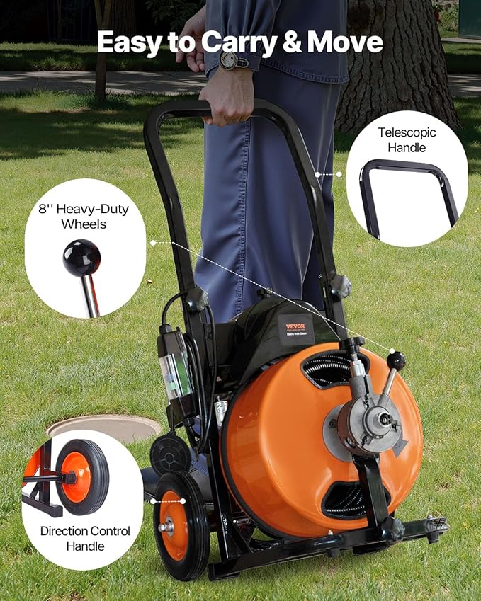 VEVOR Drain Cleaner Machine 75FT x 1/2Inch, Auto Feed Sewer Snake Auger with 4 Cutter & Air-activated Foot Switch for 2" to 4" Pipes, Orange, Black