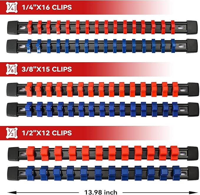 ALOANES 6 PC Socket Organizer - ABS Socket Racks, 1/2 -, 3/8 - & 1/4 inch Drive Rail Holders, Heavy Duty, Black Rails with Red & Blue Clips