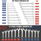 WORKPRO 32-Piece SAE & Metric Combination Wrenches Set, 20-Piece Standard wrenches and 12-Piece Stubby Wrenches with Organizer Tray, Cr-V Steel Mirror Chrome Polished
