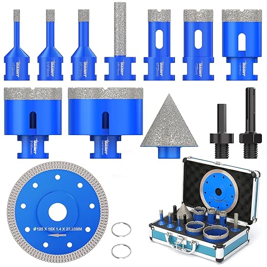 DAIMIT 13-Piece Diamond Drill Bits Set | Vacuum-Brazed Core Hole Saws (5/8"-11 Arbor) for Tile, Marble & Porcelain | Wet/Dry Use | Granite & Glass Cutting Kit