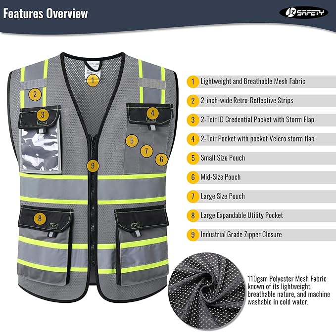 JKSafety Hi Vis Reflective Safety Vests for Men Women High Visibility Vest with Pockets Mesh Fabric Construction Safety Apparel Neon Vest for Work (220-Grey L)