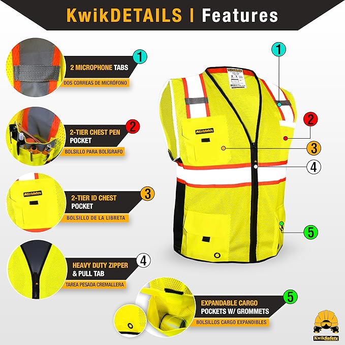 KwikSafety - Charlotte, NC - BIG KAHUNA Safety Vest [11 Pockets] Class 2 ANSI OSHA Reflective Vest Durable High Visibility Vest Construction Safety Vest for Men Industrial Work Gear/Yellow 2XL