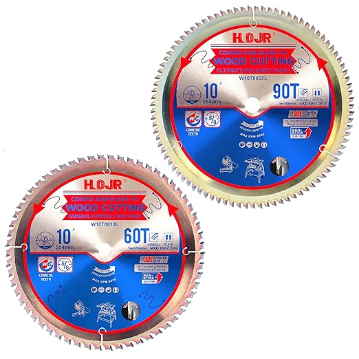 2-Pack 10" 60T & 90T 5/8" Arbor Woodworking Circular Saw Blade, Framing/Universal Wood Cutting Saw Blade,Special Anti-Thermal Adhesion Coating on Cutting Edge-TA, 10" 60T&90T 5/8"