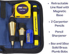 AWF PRO Plumb Bob Kit - 16 oz and 8 oz Solid Brass Plumb Bobs, 14 ft Retractable Line Reel with Magnetic Base, 2 Pencils, Pencil Sharpener, Carrying Case
