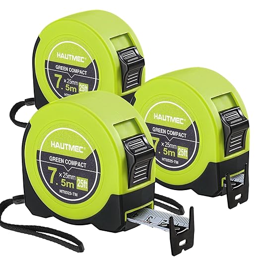 HAUTMEC Tape Measure 25ft with Dual Scale Metric and Imperial 1/8 Fractions Measuring Tape Compact Economical for Home DIY Renovations Crafting Quick Fixes HT0325-3PC
