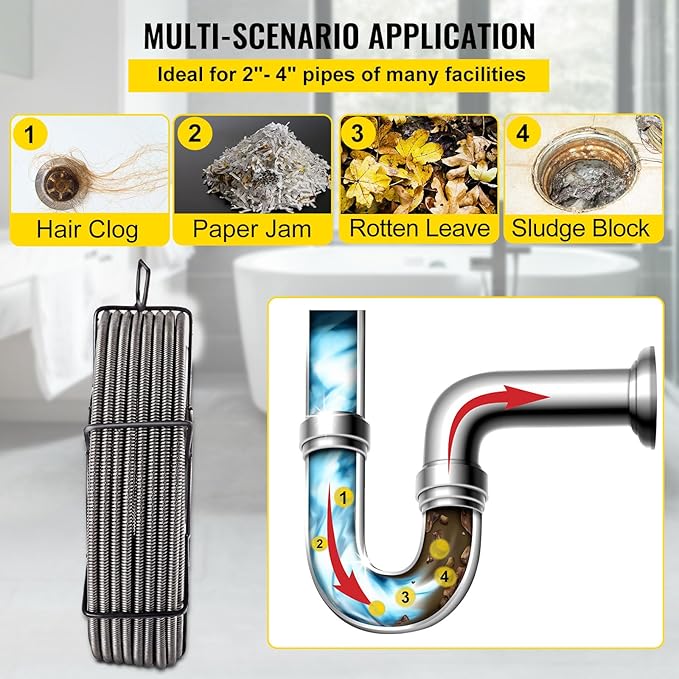 VEVOR Drain Cleaning Cable 75ft x 1/2 inch Solid Core Cable Sewer Cable, Drain Auger Cable Cleaner, Snake Clog Pipe Drain Cleaning Cable W/Four Shapes of Cutters