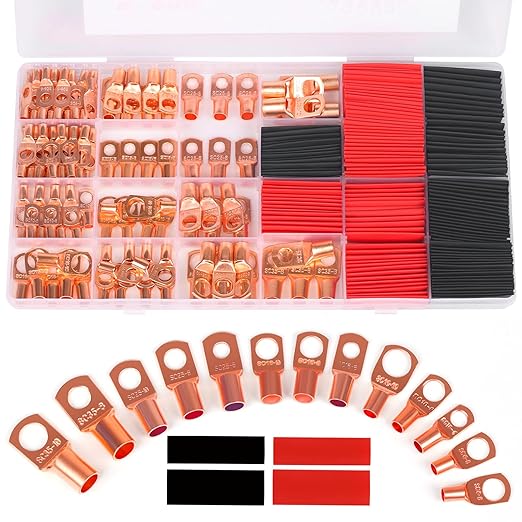 Copper Wire Lugs,Terminal Connectors,Used on AWG12 10 8 6 4 2 Cable,Heat Shrink Set,Bare Copper Eyelets,Ring Terminals Connectors,80Pcs Battery Cable Lugs Ends and 80Pcs Heat Shrink Tubing (160PCS)