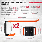 2-Piece 9.4" Heavy Duty Garage Hooks, Sturdy Utility Hooks Holds 55 LB Wall Mount Garden Tool Organizer Hangers for Hanging Shovel Ladder Chairs Strollers Power Tool Tire and More (Orange)