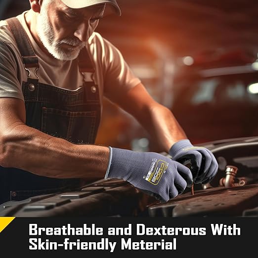 COOLJOB 12 Pairs Nitrile Rubber Coated Nylon Safety Work Gloves Pack Bulk, Dotted for Non-Slip Grip, Breathable Soft Seamless Knit Nitrile Dipped Gloves for Warehouse, Home Improvement, Yard, Medium