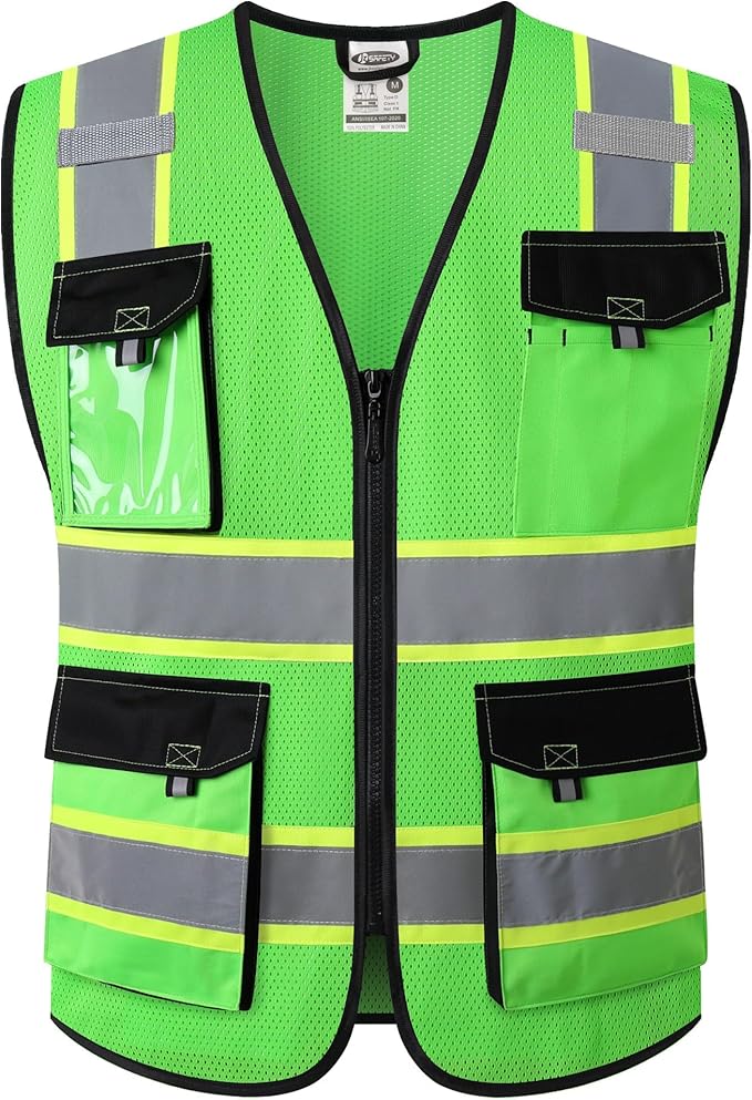 JKSafety Hi Vis Reflective Safety Vests for Men Women High Visibility Vest with Pockets Mesh Fabric Construction Safety Apparel Neon Vest for Work (220-Green XXL)