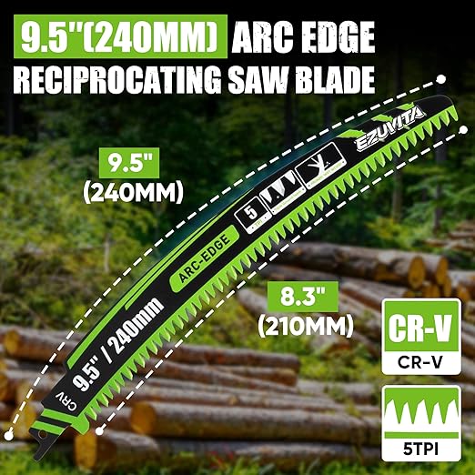 9.5-Inch Arc Curved Reciprocating Saw Blades Set with Storage Box – 5 Pieces, 5 TPI, CR-V Steel for Tree Trimming & Wood Pruning