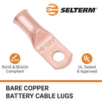 SELTERM 2pcs 6 AWG #10 Stud Copper Wire Lugs, Battery Lugs, Ring Terminals, Battery Cable Ends, 6 Gauge Ring Terminal Connectors, UL Heavy Duty Bare Copper Eyelets Battery Terminal Connectors