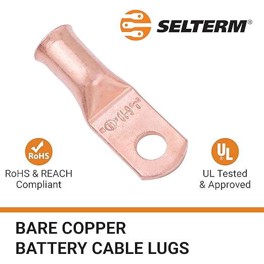 SELTERM 25pcs 6 AWG #10 Stud Battery Lugs, Ring Terminals, Heavy Duty Copper Wire Lugs, Battery Cable Ends, 6 Gauge Ring Terminal Connectors, UL Bare Copper Eyelets Electrical Battery Cable Lugs