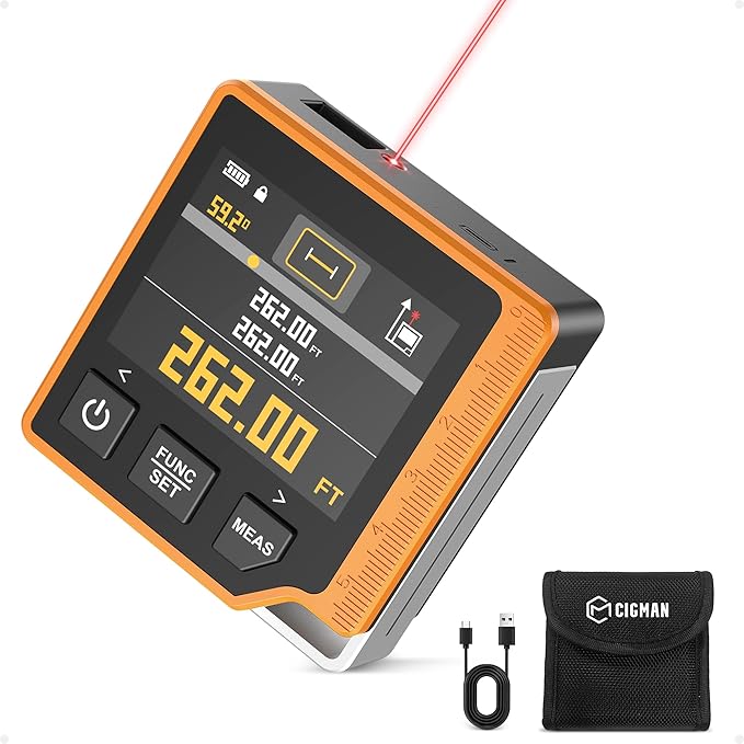 Laser Measuring Tool, 262ft Laser Measure with Digital Angle Finder & Level, Rechargeable Laser Measurement Tool with 2.4'' Color Backlit Display, 6 Units Ft/in/M, Length/Area/Volume/Pythagorean Mode
