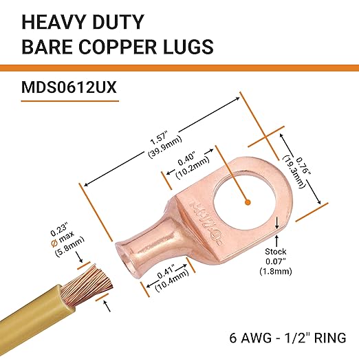 SELTERM 2pcs 6 AWG 1/2" Stud Copper Wire Lugs, Battery Lugs, Ring Terminals, Battery Cable Ends, 6 Gauge Ring Terminal Connectors, UL Heavy Duty Bare Copper Eyelets Battery Terminal Connectors