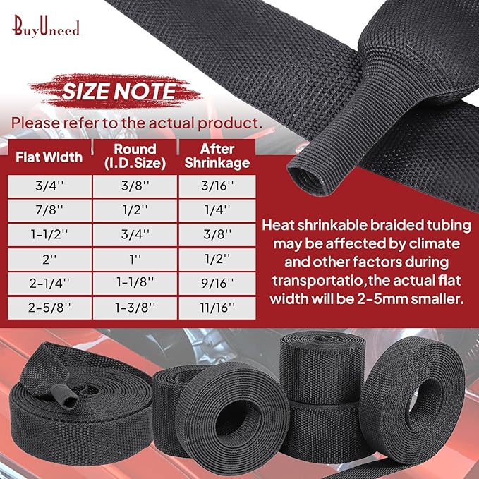 Heat Shrink Braided Sleeving, 2:1 Ratio Shrinkable Fabric Tubing Sleeve Abrasion Protection Cable Wire Sheath (1"-25ft)