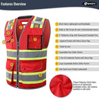 JKSafety 11 Pockets Hi-Vis Black Mesh Safety Vest for Men Women High Visibility Reflective Construction with Zipper Work Utility PPE Work Gear ANSI/ISEA compliant (102-Red XL)