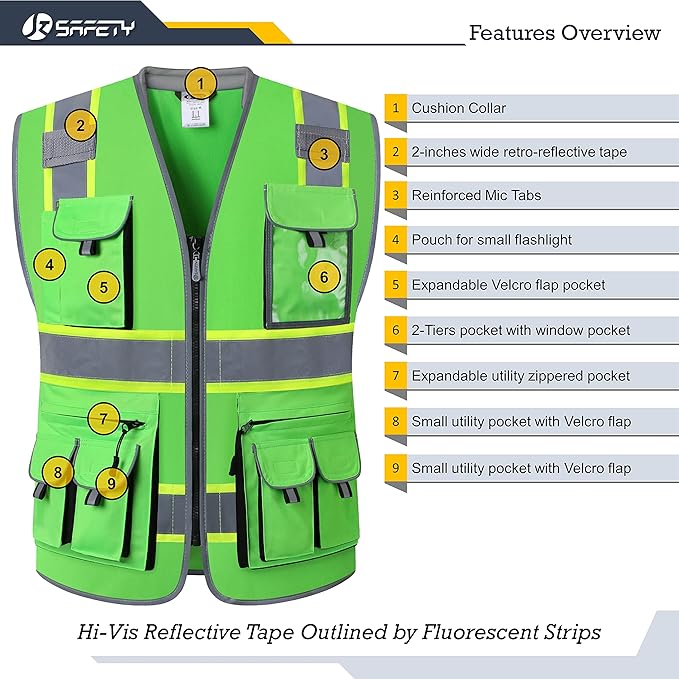 JKSafety 10 Pockets Hi-Vis Zipper Front Fluorescent Green Safety Vest | Cushioned Collar | High Reflective Tapes with Extended Neon Yellow Strips | Meets ANSI/ISEA Standards (Medium, 89-Green)