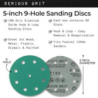 5-Inch 9-Hole 180 Grit Sanding Discs - Heavy-Duty Hook & Loop Film Discs - Sandpaper for Random Orbital Sanders - 50 Pack Box