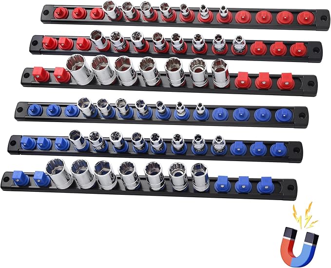 6-Piece Magnetic Socket Organizer, Heavy Duty Aluminum Socket Rails Organizer, 360° Swivel Clips Socket Holder Kit for Tool Box, 1/2, 3/8, 1/4-Inch Socket Holder x 80 Clips (Red&Blue)