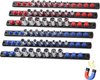 6-Piece Magnetic Socket Organizer, Heavy Duty Aluminum Socket Rails Organizer, 360° Swivel Clips Socket Holder Kit for Tool Box, 1/2, 3/8, 1/4-Inch Socket Holder x 80 Clips (Red&Blue)