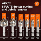 Countersink Drill Bit Set, M2 Cobalt HSS Countersink Drill Bits 6 Pieces 1/4 Inch Quick Change Hex Shank for Metal, Wood, Stainless Steel, Carbon Steel