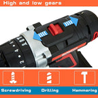 Cordless Drill, Screwdriver Impact Power Tools 21V Lithium Battery 3/8inch Keyless Chuck Led Light 2 Speed Driver