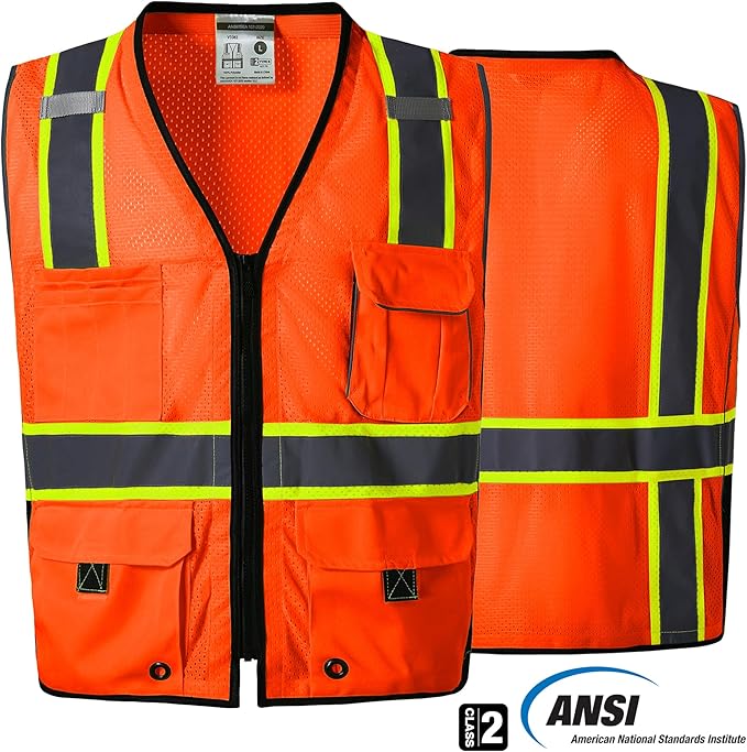 SKSAFETY 10 Pocket Pro Safety Vest - Class 2 Hi Vis Vest with Zipper, Reflective Strips - Orange, XL