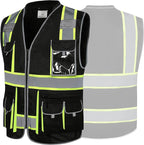 JKSafety 10 Pockets Hi-Vis Zipper Front Black Safety Vest | Cushioned Collar | High Reflective Tapes with Extended Neon Yellow Strips | Meets ANSI/ISEA Standards (5X-Large, 89-Black)