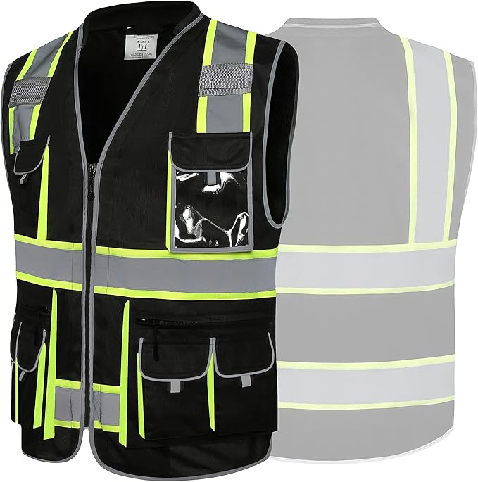 JKSafety 10 Pockets Hi-Vis Zipper Front Black Safety Vest Meets ANSI/ISEA Standards (Medium, 89-Black)