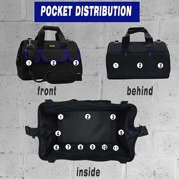 22 Inch Tools Bag, Waterproof Wide Mouth Tool Kit, Tools Big Bag, Heavy Duty Tool Tote Organizer With Adjustable Shoulder Strap For Men/Women (22IN Blue)
