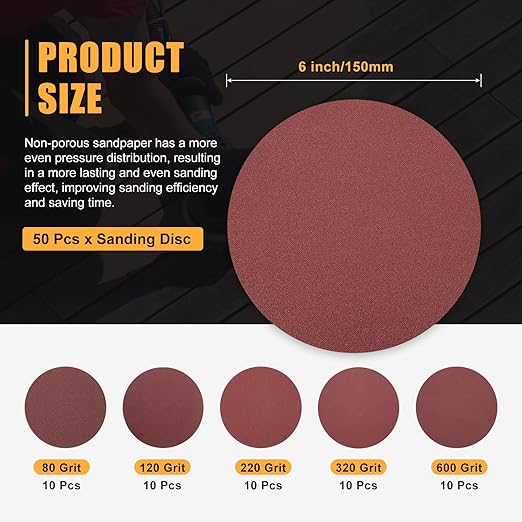 50 Pcs 6 Inch Sanding Disc 80/120/220/320/600 Grit Round Hook and Loop Sandpaper for Random Orbital Sander Automotive Car