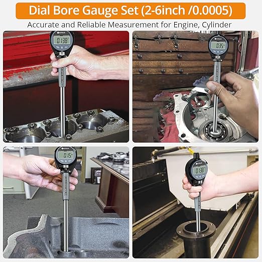 Neoteck Bore Gauge Set Digital Indicator Dial Bore Gauge (2-6"/0.0005") Measurement with Self-Centering Dial, Carbide Anvils,and Insulated Grips for Deep Engine Cylinder Measurement-Silver
