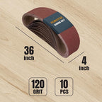 POWERTEC 10PK 4x36 Sanding Belts, 120 Grit Aluminum Oxide, 4 x 36 Inch Sanding Belts for Benchtop Belt and Disc Sander, Belt Sandpaper for Woodworking, Metalworking, Paint, Rust Removal (110110)