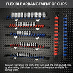 Socket Organizer Drive ABS Tools-Socket Holder, Premium Quality 27 Pieces Socket Holders Kit 1/4-Inch x 144 Clips, 3/8-Inch x 135 Clips, 1/2-Inch x 108 Clips（27PC,Blue&Red&Black)