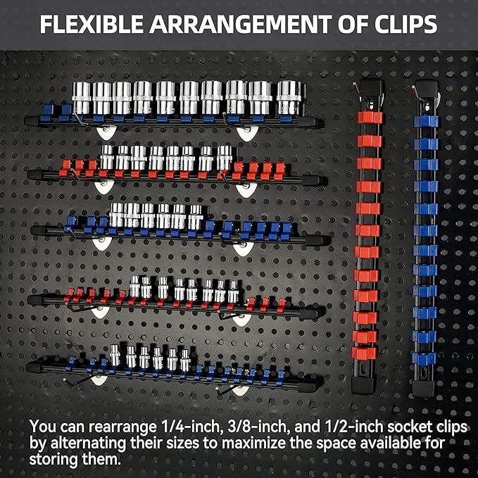 Socket Organizer Drive ABS Tools-Socket Holder, Premium Quality 27 Pieces Socket Holders Kit 1/4-Inch x 144 Clips, 3/8-Inch x 135 Clips, 1/2-Inch x 108 Clips（27PC,Blue&Red&Black)