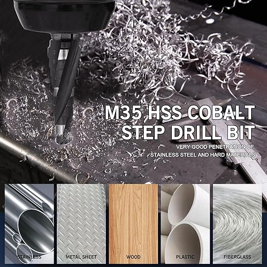 M35 Four Spiral Flute Cobalt Step Drill Bit, 1/8"-1/2" Wear-Resistant TiAlN Coated Four-Flute Step Bit, 1/4" Hex Shank Unibit Step Bit for Metal, Stainless Steel, Aluminum, Wood, Plastic