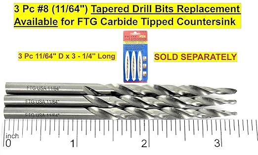 FTG USA #8 (11/64") Tungsten Carbide Tipped 82 Degree Countersink Drill Bit with Tapered Drill Bit, 1/4 Inch Quick Change Hex Shank and Allen Wrench