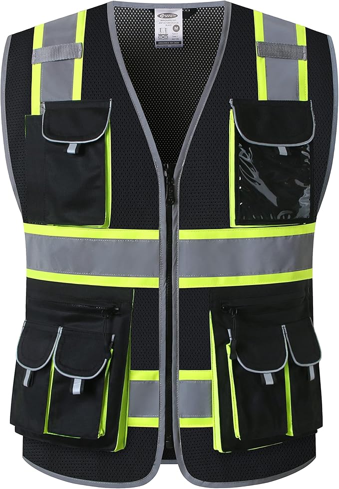 JKSafety 10 Pockets Hi-Vis Neon Color Frontal Zipper Mesh Safety Vest for Men Women Safety Utility for works Comply to ANSI/ISEA Standards (86-Black XXL)