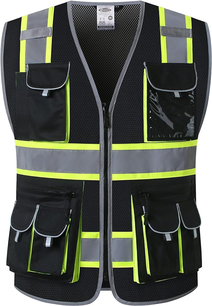 JKSafety 10 Pockets Hi-Vis Neon Color Frontal Zipper Mesh Safety Vest for Men Women Safety Utility for works Comply to ANSI/ISEA Standards (86-Black M)