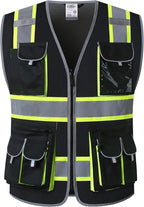 JKSafety 10 Pockets Hi-Vis Neon Color Frontal Zipper Mesh Safety Vest for Men Women Safety Utility for works Comply to ANSI/ISEA Standards (86-Black 3XL)
