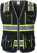 JKSafety 10 Pockets Hi-Vis Neon Color Frontal Zipper Mesh Safety Vest for Men Women Safety Utility for works Comply to ANSI/ISEA Standards (86-Black XL)