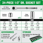 SK 1/2" Drive Socket Set with 160-P Ratchet, 34-Piece, SAE, SuperKrome Finish, Premium CR-V Construction, with EVA Foam Tool Organizer
