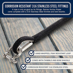 RainierSupplyCo Boat Anchor Rope - Double Braided Marine Rope Anchor Line - 50 ft x 1/4 Inch Nylon Boating Line with 316 Stainless Steel Thimble and Heavy Duty Marine Grade Snap Hook - Black